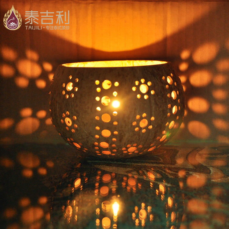 泰國椰殼手工雕刻溫馨浪漫燭臺創意復古環保椰殼鏤空蠟燭杯1入
