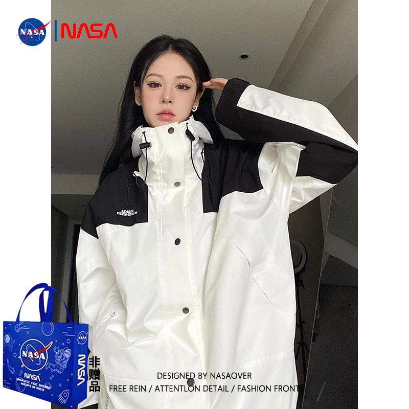 【臺灣公司 可開發票】NASA聯名秋冬款防寒連帽沖鋒衣夾克寬松oversize加厚棉服外套男女