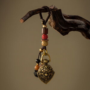 貔貅黃銅鈴鐺鑰匙扣掛件創意手工編制繩復古汽車鏈鎖匙圈環包掛飾