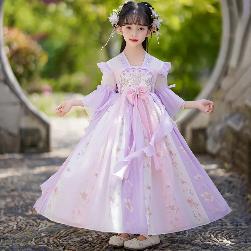 兒童洋裝 女童漢服 夏季國風連身裙 女孩古風唐裝 兒童超仙雪紡裙 超仙公主連衣裙 女生連身裙【不二雜貨】