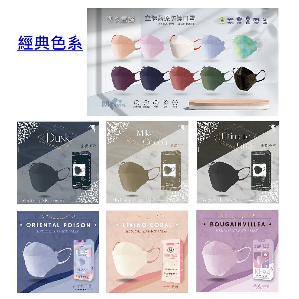 久富餘 KF94韓版魚型4層立體醫療口罩-雙鋼印-經典色系列10片/盒x10(多色任選)
