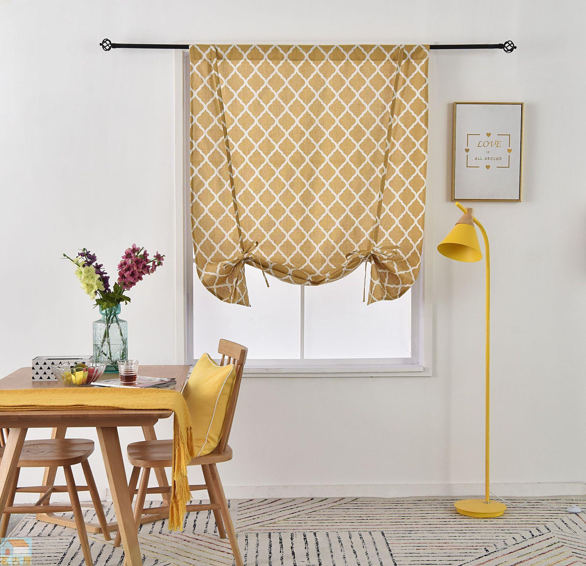 土黃色現代幾何印花棉麻提拉簾繩子成品窗簾帶子簾遮光羅馬簾