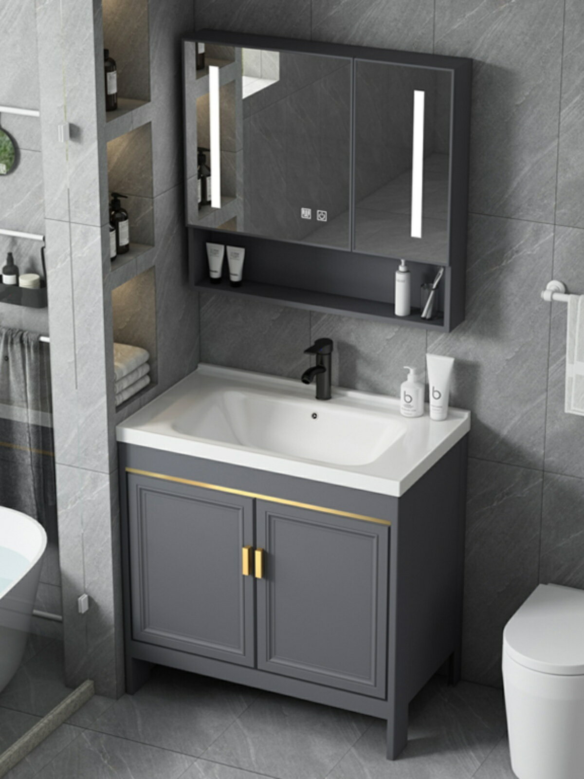 落地式洗手盆柜浴室柜組合衛生間太空鋁洗臉盆陽臺陶瓷一體洗漱臺/洗手盆/洗臉盆/洗漱盆/陶瓷盆/浴室盆/鏡櫃洗手盆一體式