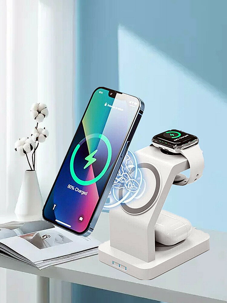 iphone14蘋果13無線充電器適用magsafe磁吸三合一iwatch8立式快充