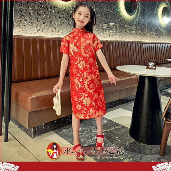 可愛童裝旗袍 中國風鳳尾花織錦洋裝旗袍 復古紅色 小女生日常百搭必備-水水女人國