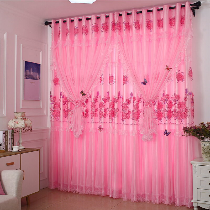 婚房蕾絲定制窗簾成品甜美少女公主風粉色紫色雙層帶紗臥室遮光簾
