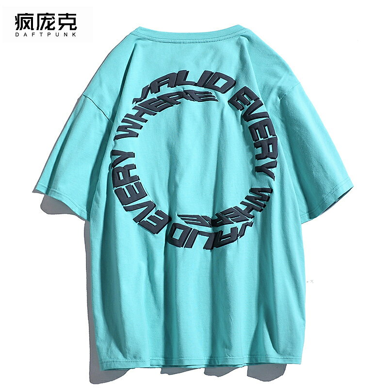 青年打底衫潮牌嘻哈圓圈印花短袖T恤國潮廓形男女情侶寬松半袖Tee