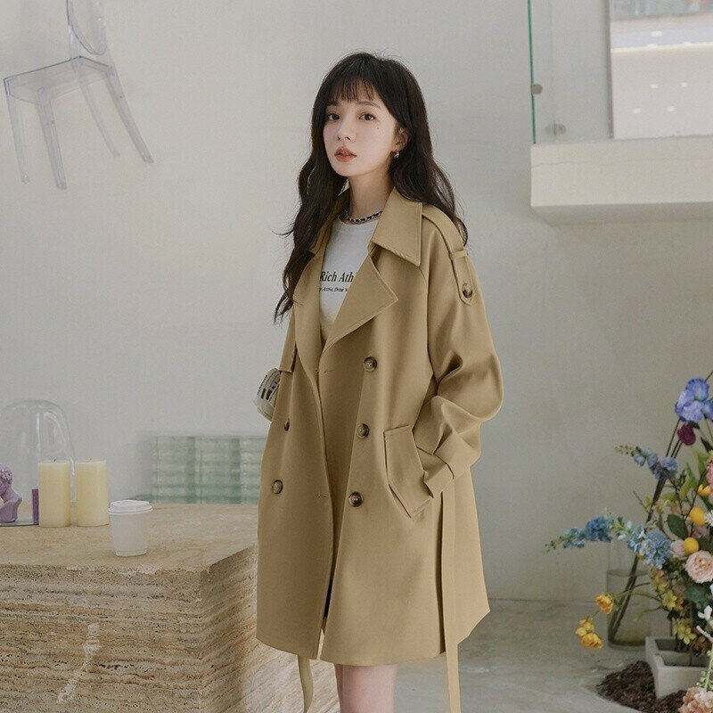 卡其色風衣外套女 韓版風衣外套 女 中長款風衣外套 大尺碼風衣外套 女 風衣外套 春秋小個子大衣女 短款風衣外套 女00