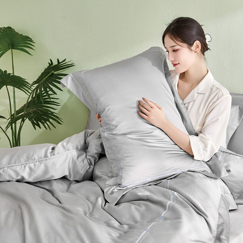 莫代爾棉潤ModalPIMA系列四件式兩用被床包枕套組 ｜雲岩銀灰｜嵐霧刺繡素色床組 4