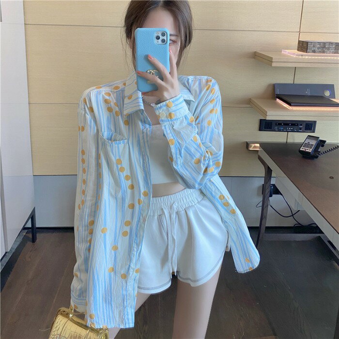 印花防曬襯衫女夏季韓版寬松襯衣設計感小眾長袖別致中長款上衣潮