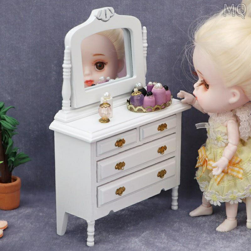 全新 1:12歐式木質梳妝臺帶鏡子 娃娃屋dollhouse 迷你傢俱模型臥室場景
