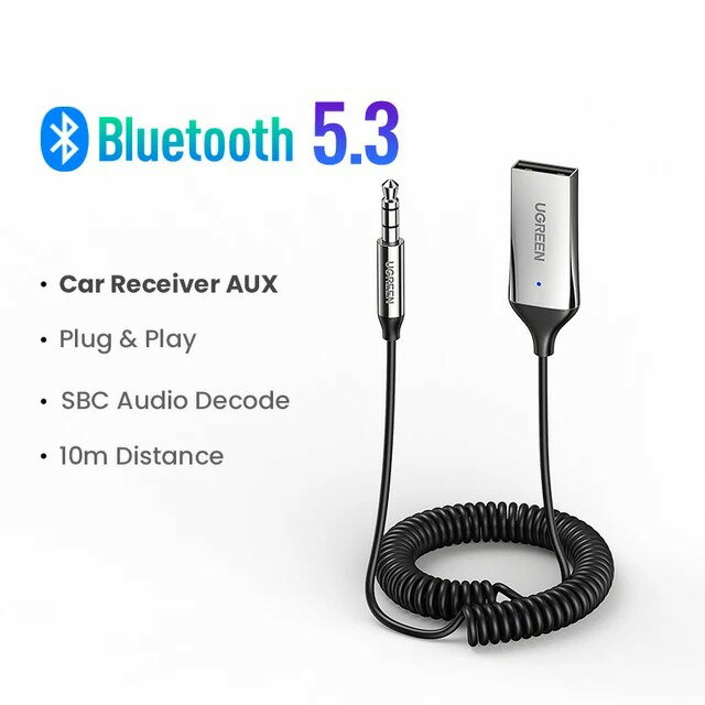【日本代購】UGREEN 藍芽 5.3 輔助轉接器無線汽車藍芽接收器 USB 至 3.5 毫米插孔音訊麥克風免持轉接器適用於汽車揚聲器
