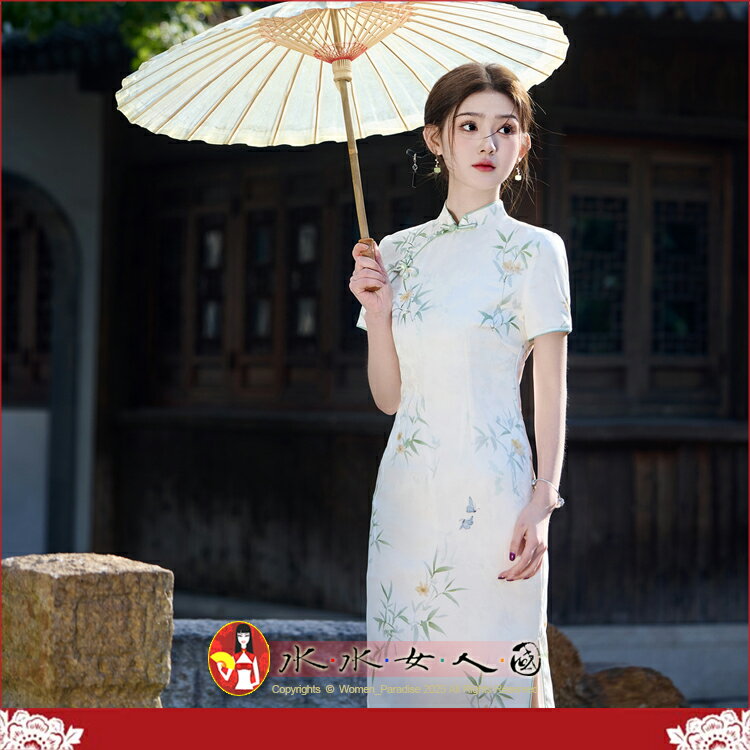 小清新綠色印花雙層長旗袍春夏新款年輕少女洋裝改良新中式國風日常可穿時尚開衩連身裙-迷蝶-水水女人國