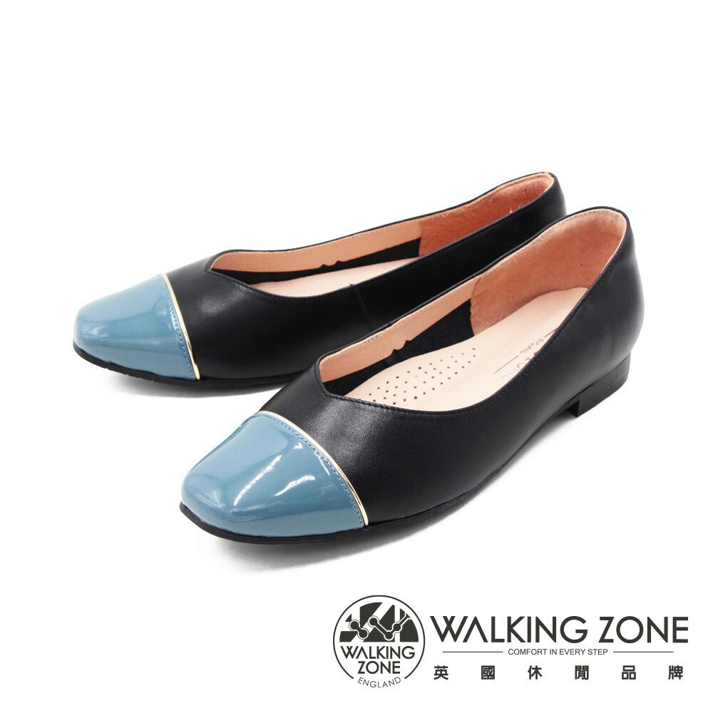 WALKING ZONE(女)方頭拼色娃娃鞋 包鞋 女鞋－黑藍(另有黑粉)