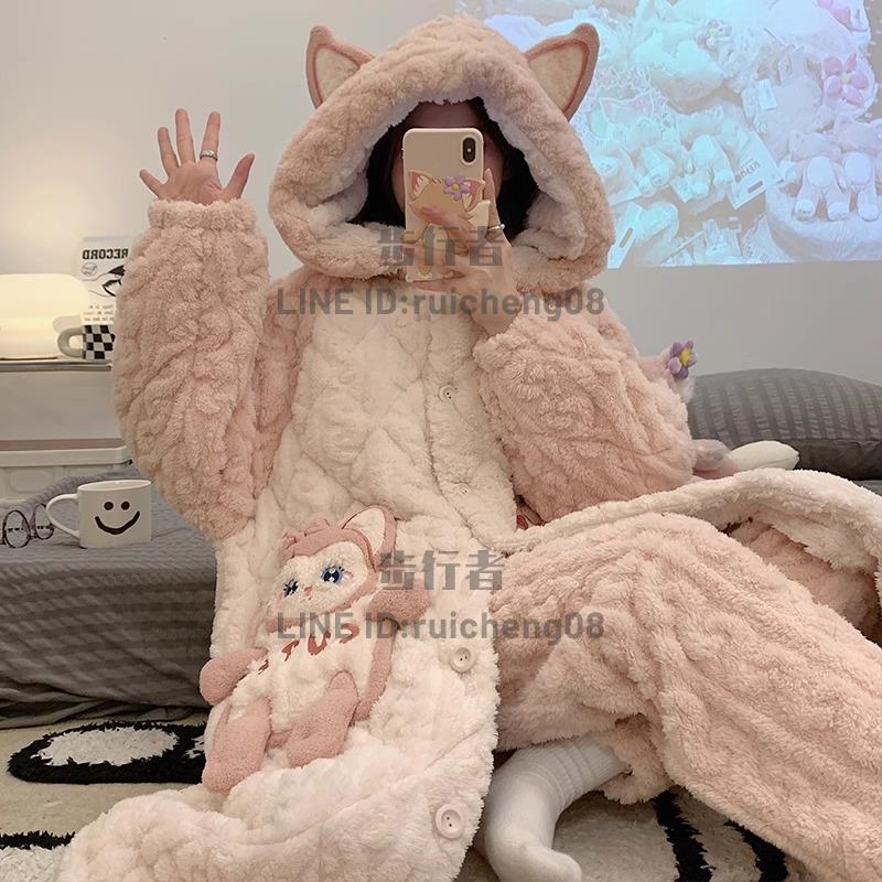 睡衣女三層夾棉襖珊瑚絨長袍加絨加厚保暖法蘭絨家居服套裝【步行者戶外生活館】