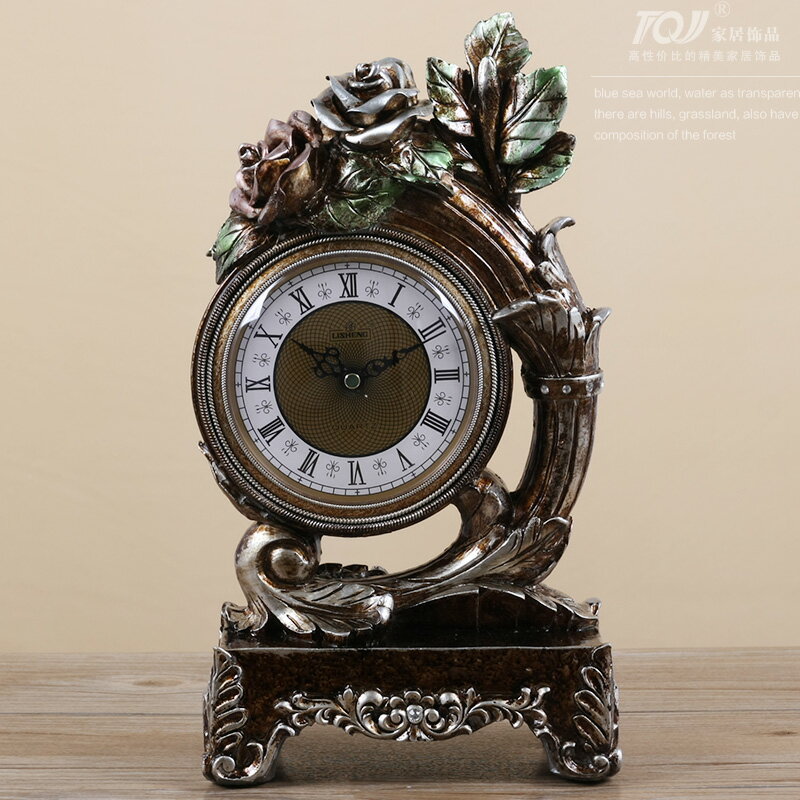 麗盛玫瑰花歐式時鐘床頭座鐘創意坐鐘擺件時尚靜音臺面鐘1429