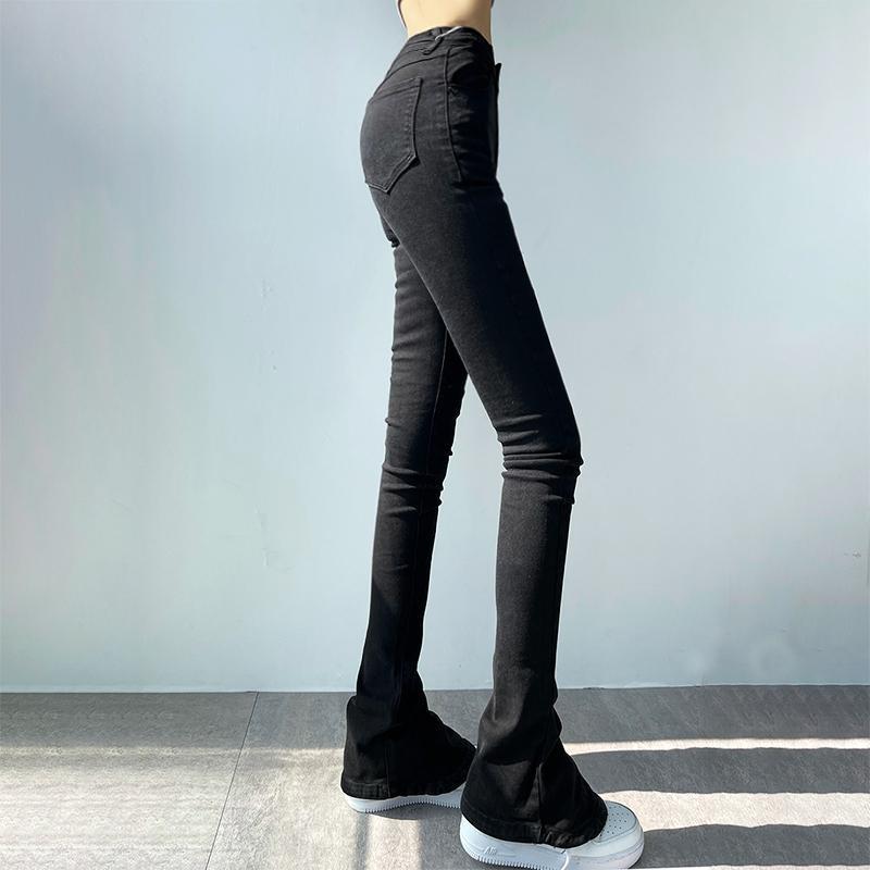 黑色馬蹄牛仔褲女秋季新款高腰顯瘦特色顯腿長微喇叭設計長褲