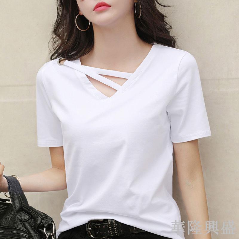 短袖女2024新款夏季白色t恤女V領寬松韓版黑色上衣休閑棉質體恤衫