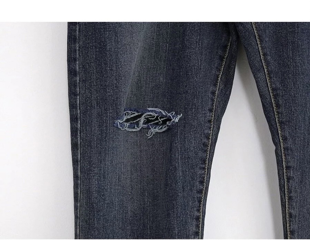 韓國單邊刀割水洗暗藍牛仔長褲 6