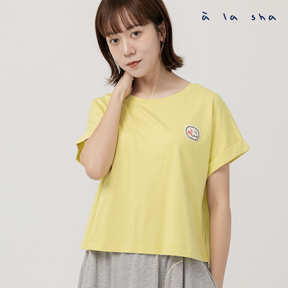 a la sha LOGO繡花袖口反摺造型T