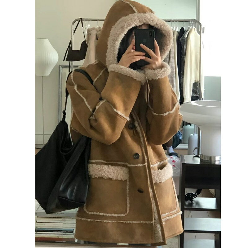【巴黎精品】羊羔毛外套皮草大衣-新款韓代中長款連帽女外套a1iu47