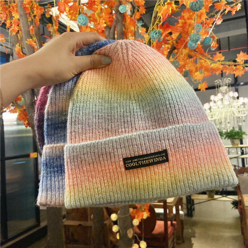 彩虹毛線針織帽女冬季漸變貼標百搭甜美可愛加厚保暖帽子冬天
