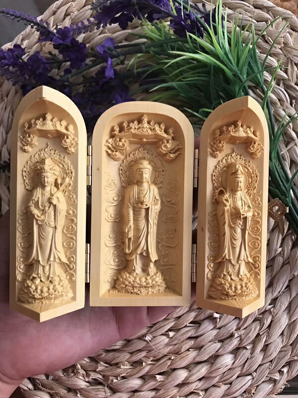 黃楊木雕佛像居家擺件隨身佛龕 荷花 立蓮 西方三聖 三開盒子1入