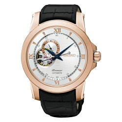 SEIKO Premier 典藏風格鏤空設計機械腕錶/玫瑰金x皮帶/4R39-00P0P