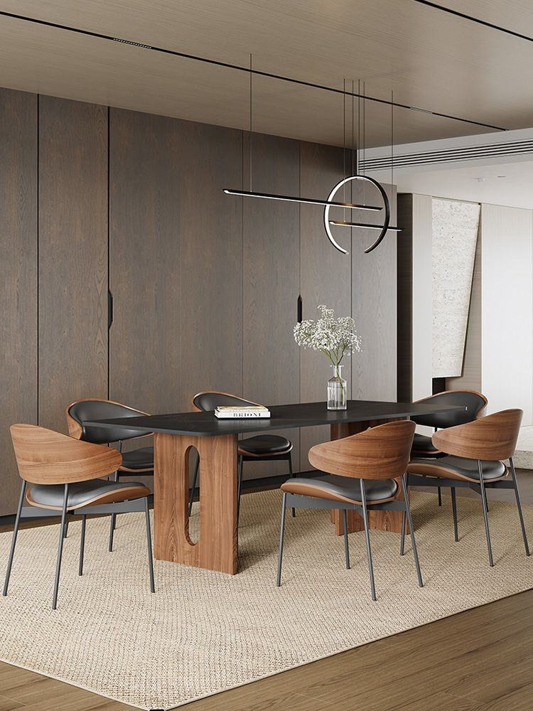 復古輕奢風黑胡桃色實木巖板意式極簡設計師長方形餐桌椅組合家用