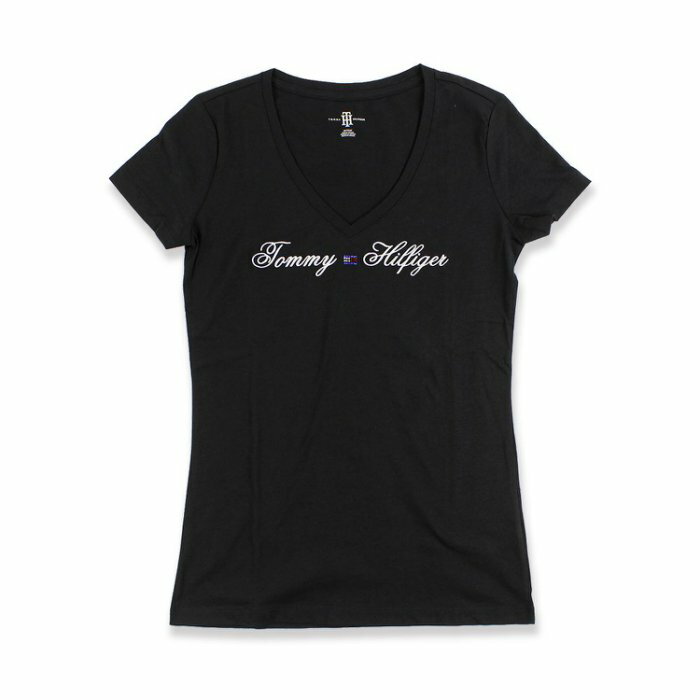 美國百分百【Tommy Hilfiger】T恤 TH 女 上衣 V領 水鑽 T-shirt 短袖 黑色 I396