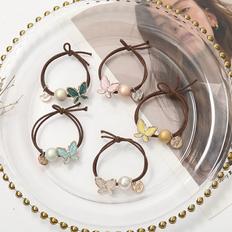 【學興書局】M23 韓國 珍珠蝴蝶髮圈 髮帶 韓系 簡約氣質髮圈 百搭耐用不傷髮 韓版  馬尾 丸子頭