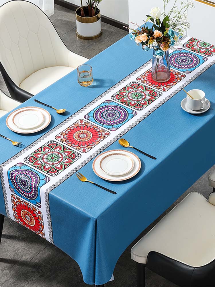 藏藍民族花桌布防水防油防燙免洗茶幾ins風臺布pvc餐桌布長方形