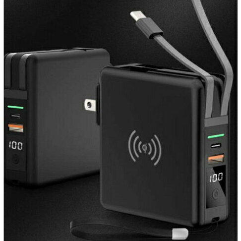 10000mAh PD 20W QC 快充 無線充電行動電源 四合一便攜式充電頭 充電線 自帶線【APP下單享6%回饋】 1