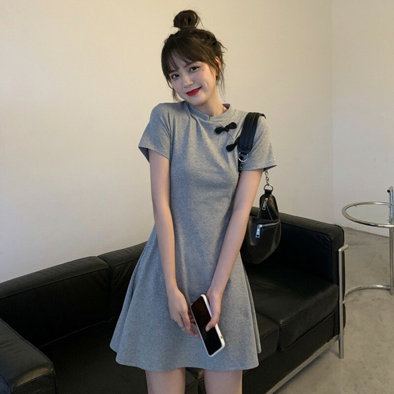 夏季新款復古氣質顯瘦連衣裙ins設計感中國風甜美A字連衣裙女