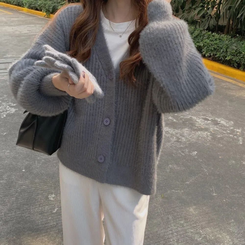 針織開衫秋V領寬版短款外套針織衫女仿水貂絨韓版純色春【聚寶屋】【淘夢屋】