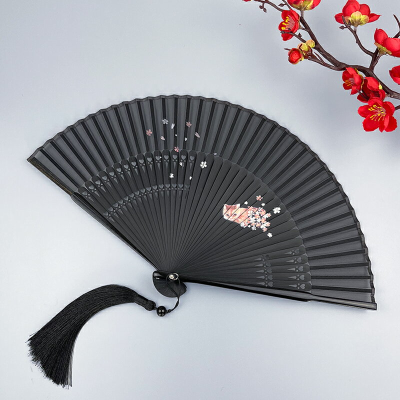 扇子摺扇古風貓咪北極熊女式兒童夏季日用扇攝影裝飾流蘇舞蹈扇子