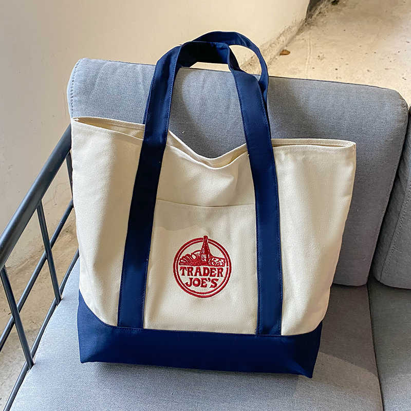 Trader joe's包缺德舅拼色刺繡大容量購物袋帆布袋休閒手提單肩包