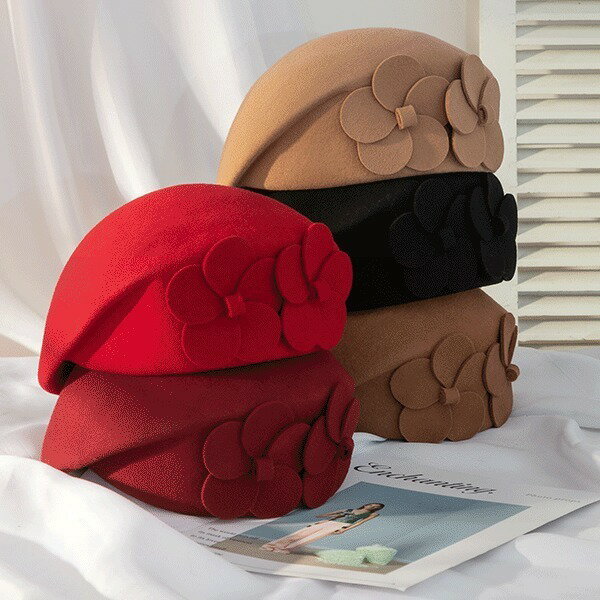 韓版花朵雙花貝雷帽羊毛呢帽鴨舌帽女帽子時尚女英倫氣質冬天新款【倪醬】