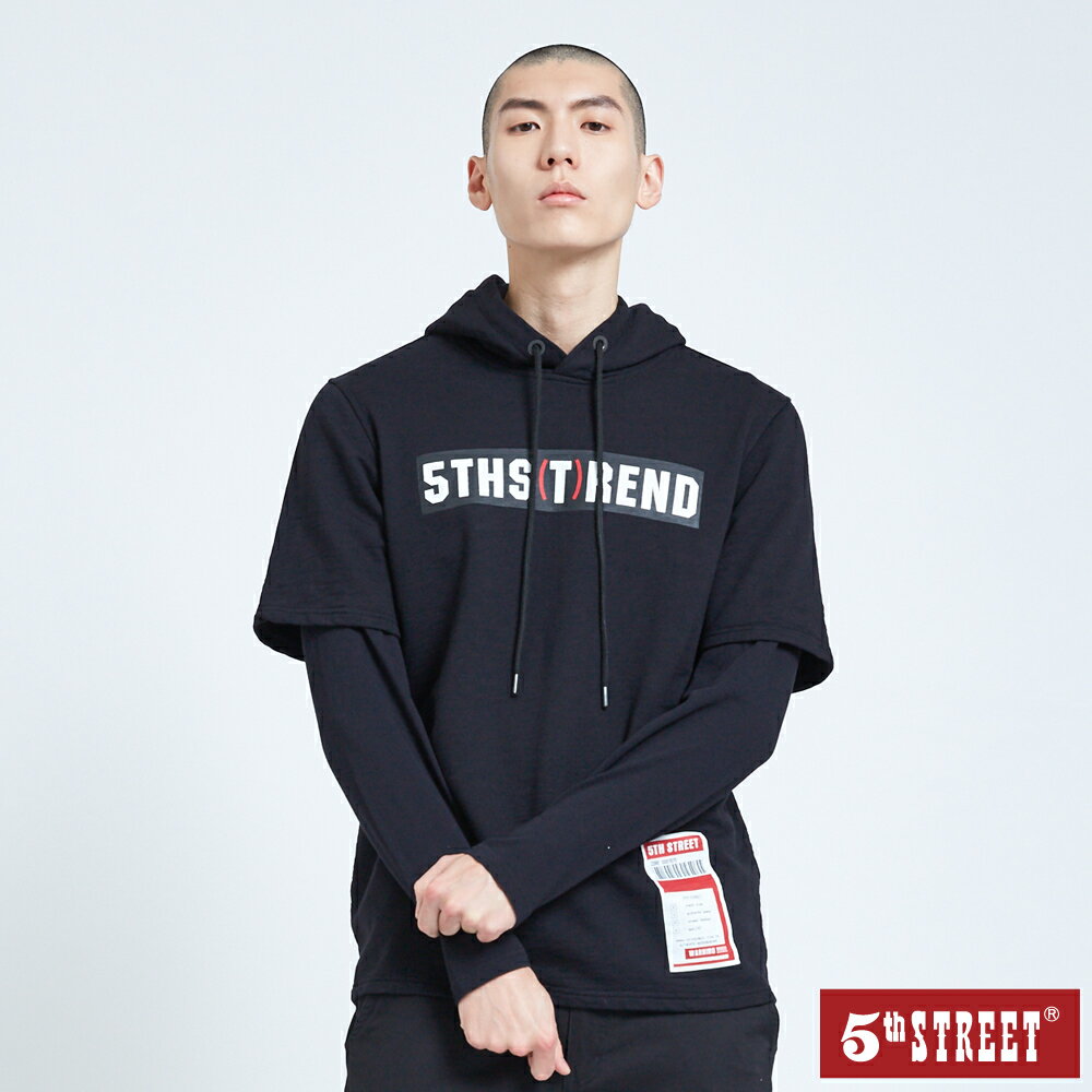 男假兩件厚長袖帽T恤-黑色【5th STREET】