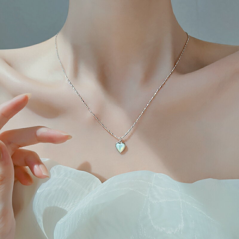 925純銀愛心白貝母項鏈女夏年新款肖邦吊墜鎖骨鏈毛衣鏈配飾