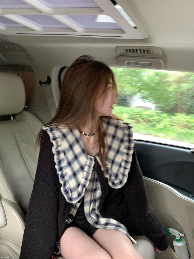 春季小香風娃娃領格子外套女開衫顯瘦百搭韓版寬松襯衫上衣兩件套