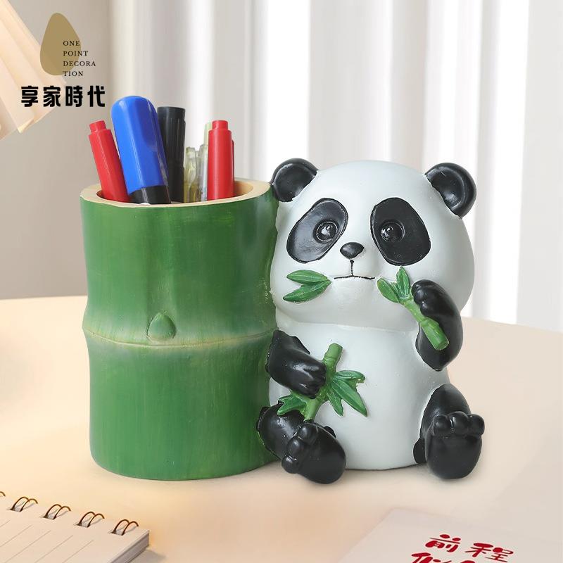 新品熊貓筆筒擺件 樹脂工藝品禮品家居兒童房桌面辦公桌裝飾品