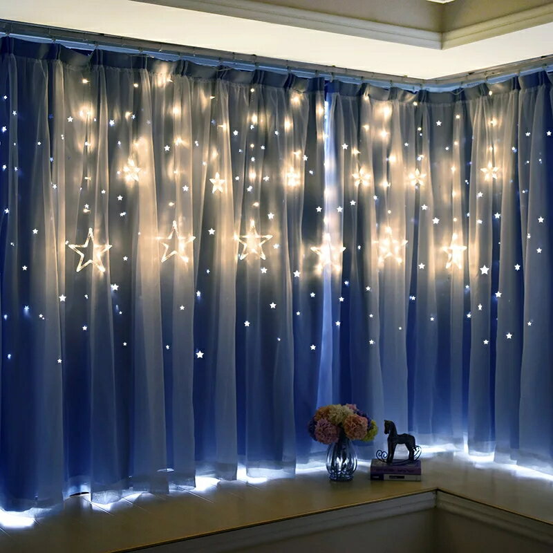 網紅款凸窗窗簾遮光臥室小窗戶飄窗拐角鏤空星星清新藍色簡約北歐