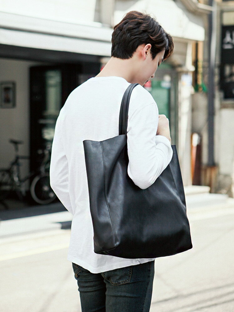韓國2024款PU皮男士手提包休閑時尚購物包斜挎包敞口大容量單肩包