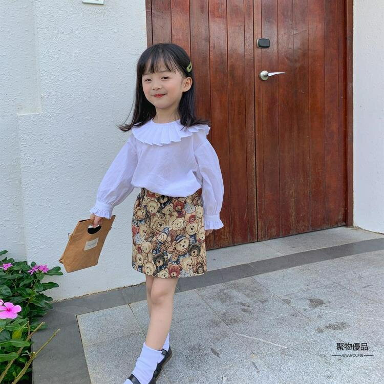 童裝女童半身裙兒童半裙寶寶高腰小熊印花洋裝【聚物優品】