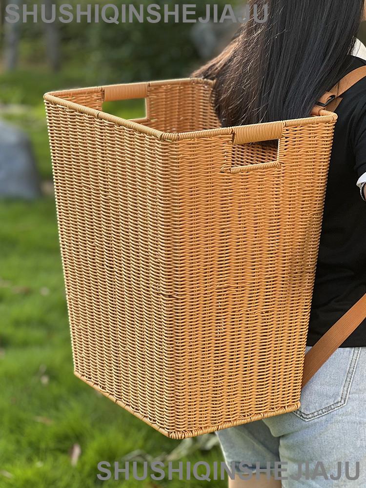 居家收納 仿藤編收納 可開發票 背簍雙肩便攜收納筐仿藤編織成人采摘背篼農家采蘑菇趕集簍特大號