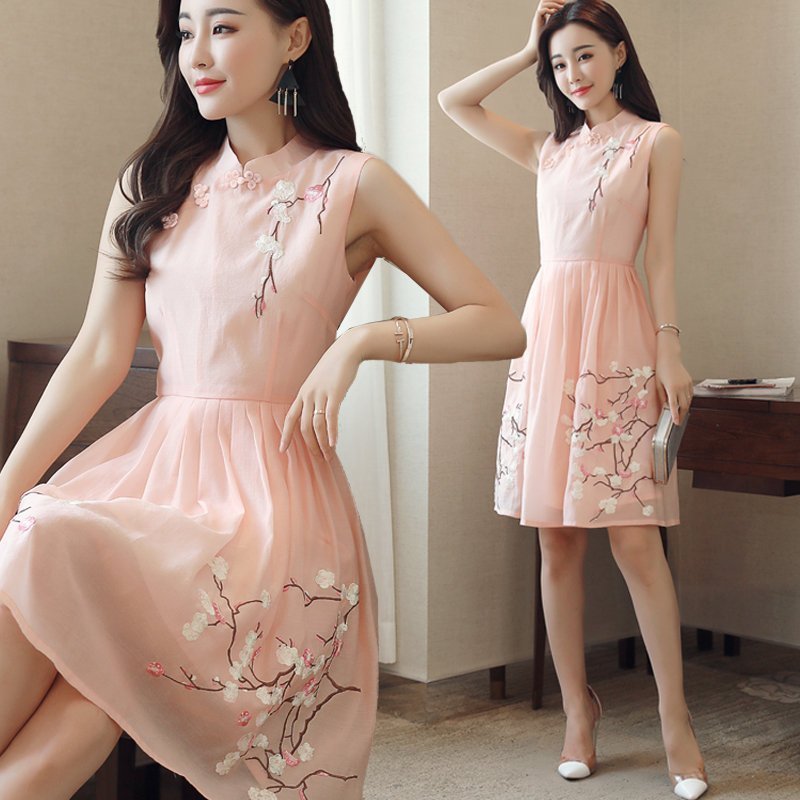 FINDSENSE G5 韓國時尚 甜美 優雅 旗袍 花朵 A字裙 無袖 中長款 連身裙