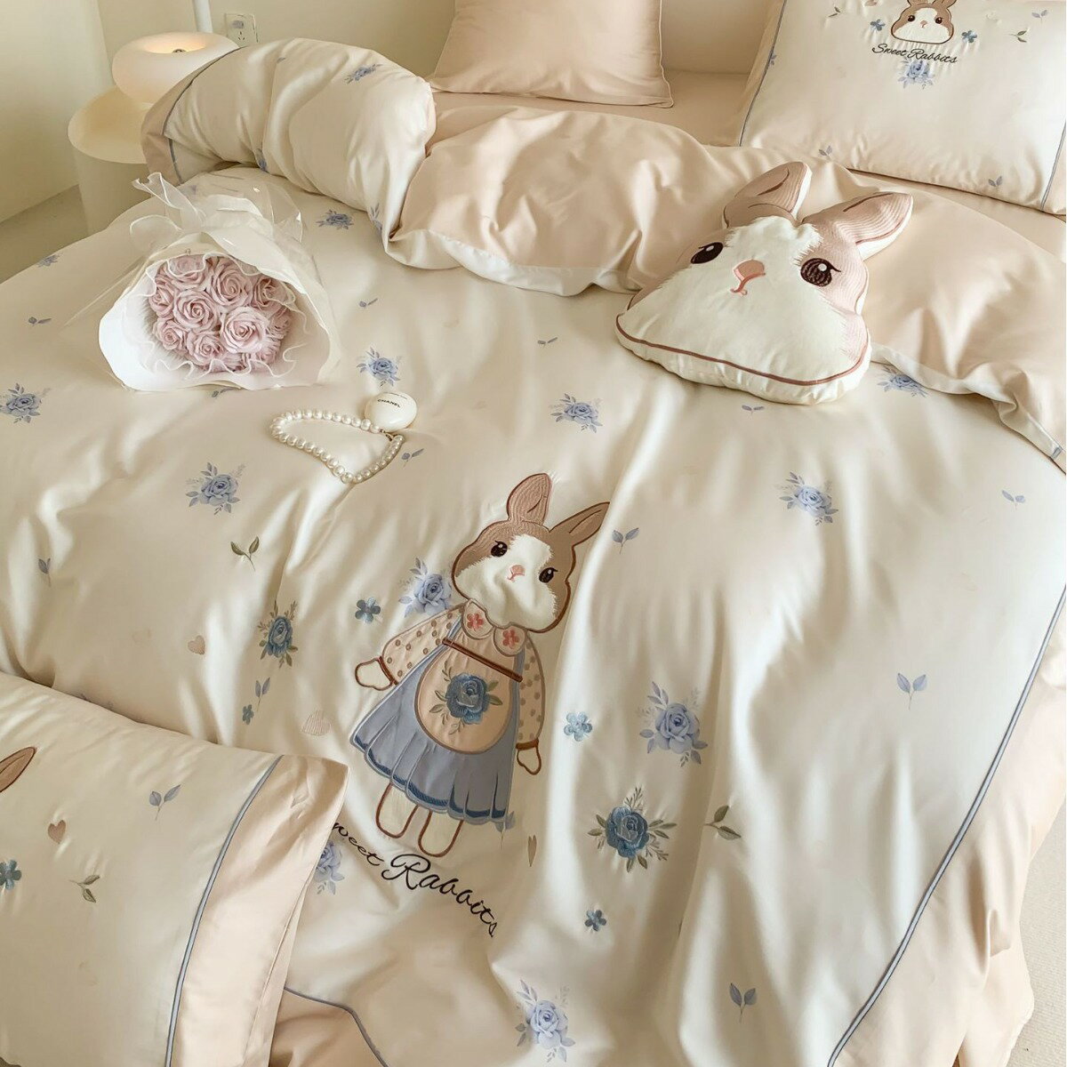 治癒系萌兔卡通刺繡兒童臥室四季款高支天絲棉學生宿舍被單裸睡