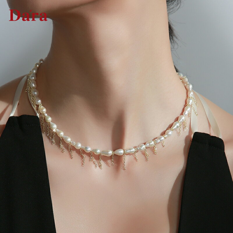 Dara/戴拉時尚新款流蘇巴洛克淡水珍珠項鏈女年高級感鎖骨鏈