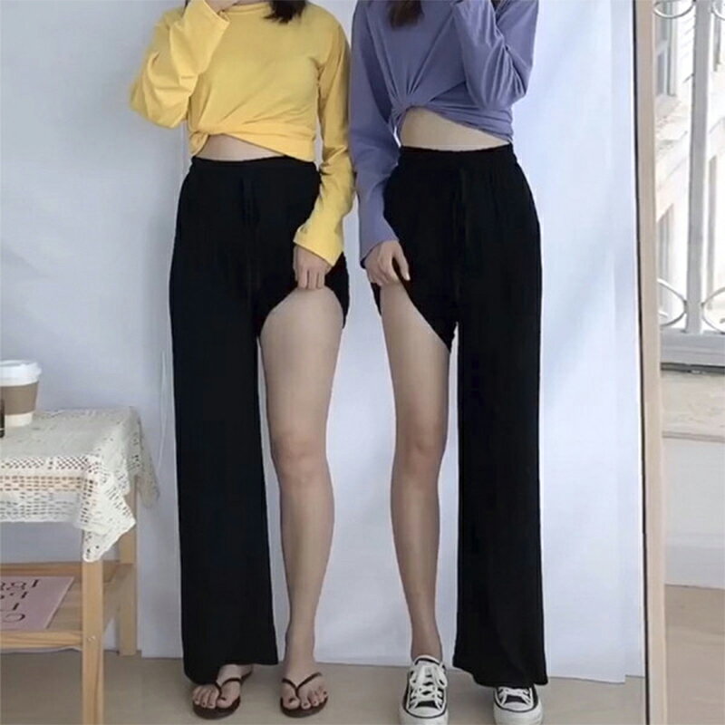 ins時尚休閑冰絲闊腿褲女夏季高腰顯瘦寬松直筒垂感拖地長褲